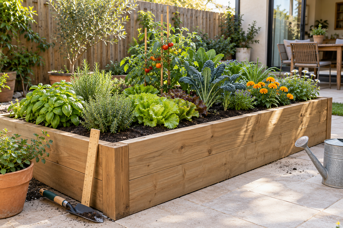 Wooden raised garden bed with herbs, vegetables and flowers in a bright Australian backyard