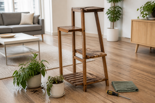 Worn wooden plant stand with cracked shelves and loose joints in an Australian apartment living room