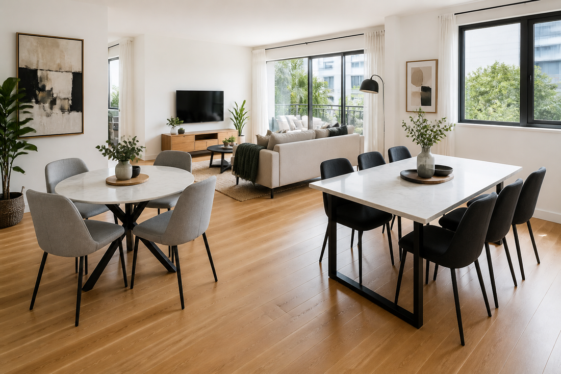 Round and rectangular dining tables with chairs in a bright Australian open-plan dining room