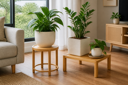 Round and square wooden plant stands with matching potted plants in a bright apartment living room