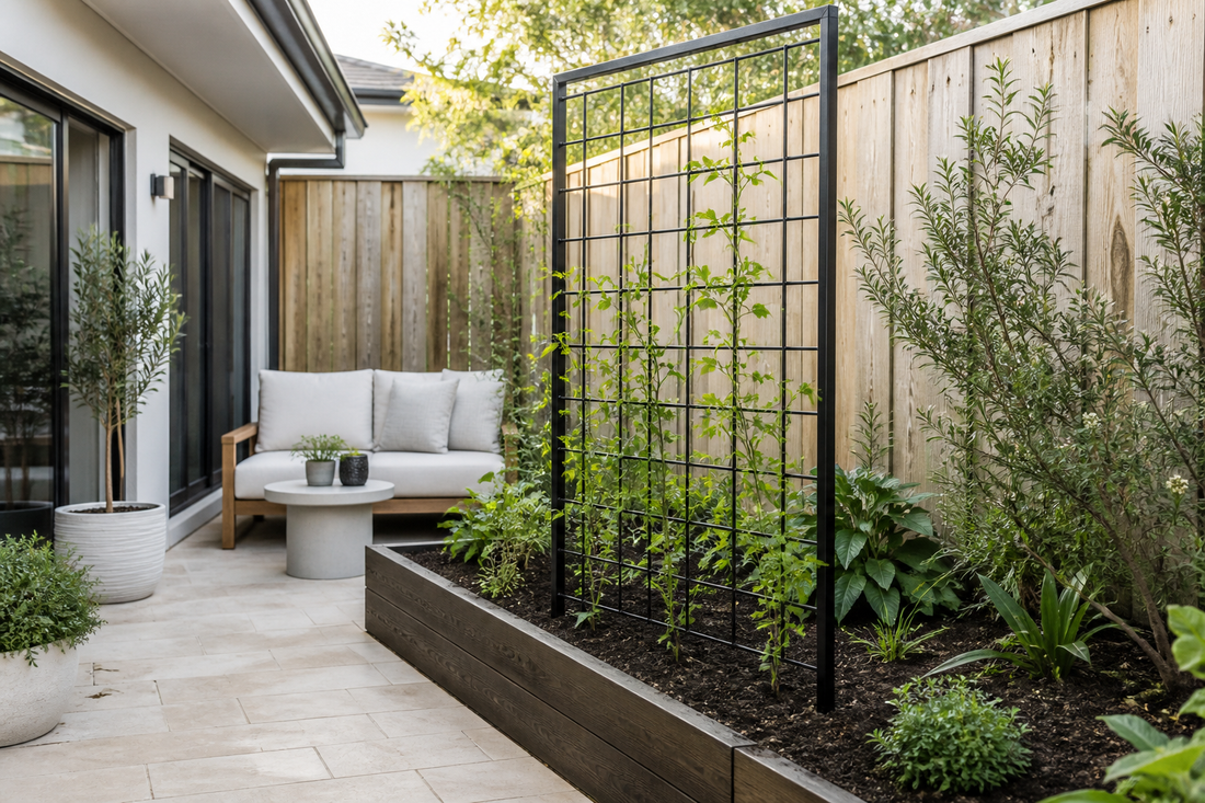Black metal garden trellis secured in a raised planter bed on an Australian patio