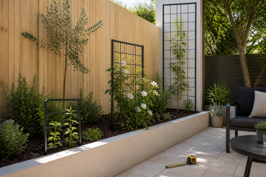 Black garden trellises at different heights supporting climbing plants on an Australian patio