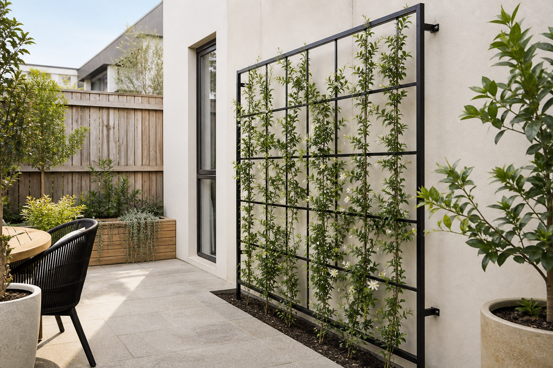 Black metal garden trellis spaced off a patio wall with climbing plants