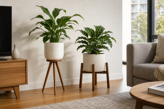 Tripod and four-leg wooden plant stands with potted indoor plants in an apartment living room