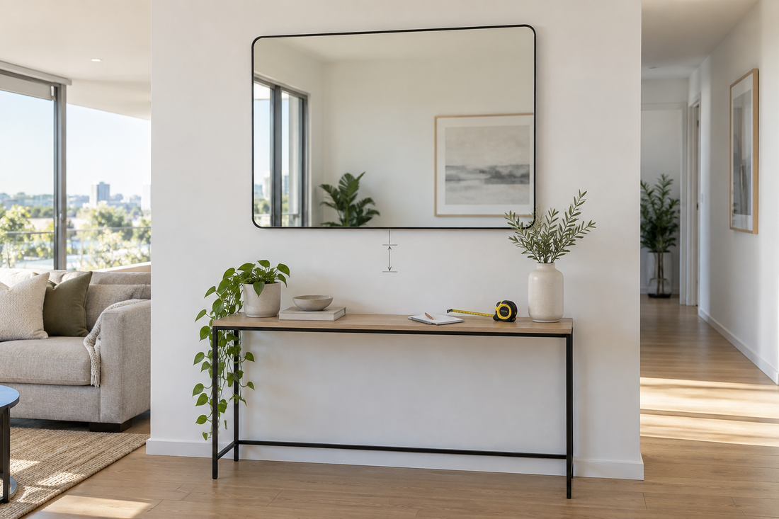 Wall mirror above a console table with a tape measure in a bright Australian living room