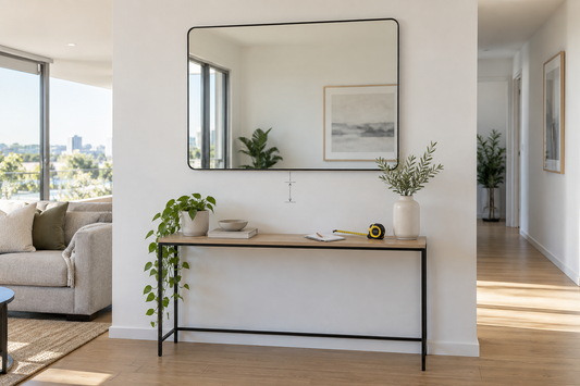 Wall mirror above a console table with a tape measure in a bright Australian living room