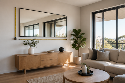 Large wall mirror above a timber console with a tape measure in a bright Australian living room