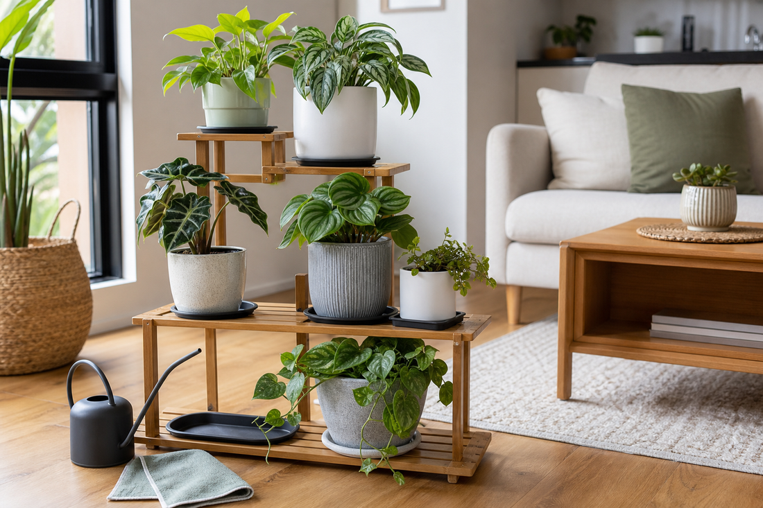 Multi-tier wooden plant stand with saucers, watering can and cloth in an apartment living room