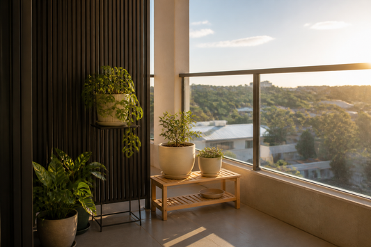 Plant stands with potted plants in filtered afternoon sun on a west-facing Australian apartment balcony
