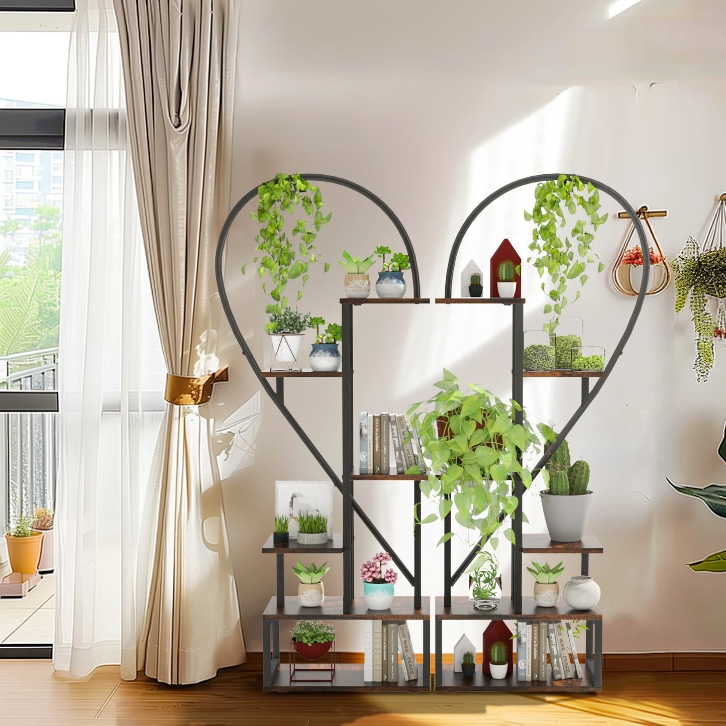 6-Tier Half-Heart Metal Ladder Plant Stand – Decorative Black & Brown Shelf Rack for Multiple Indoor Plants