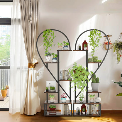 6-Tier Half-Heart Metal Ladder Plant Stand – Decorative Black & Brown Shelf Rack for Multiple Indoor Plants
