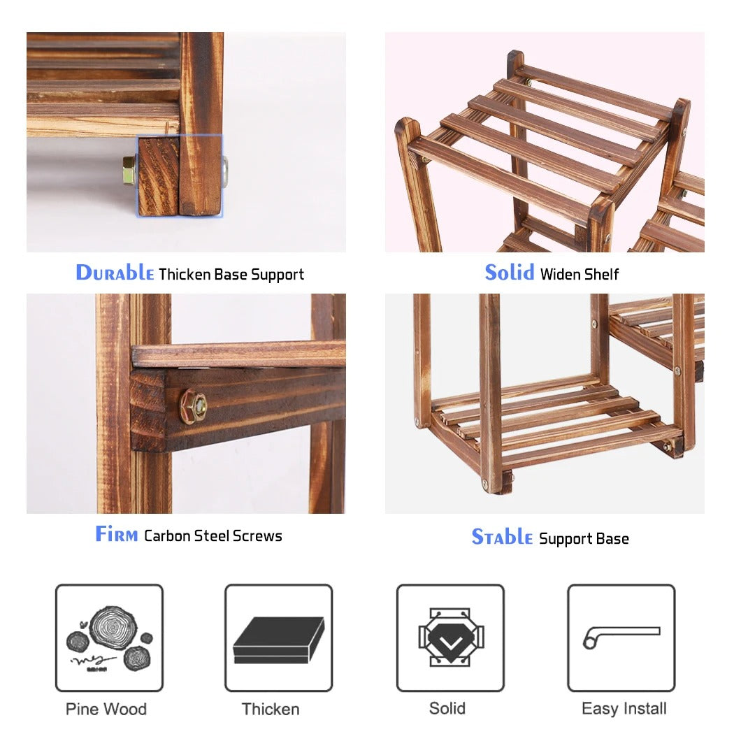 10 Pot Stylish Bamboo Plant Stand for In/Outdoor, Bonsai Flower Display, Shelf Holder Rack