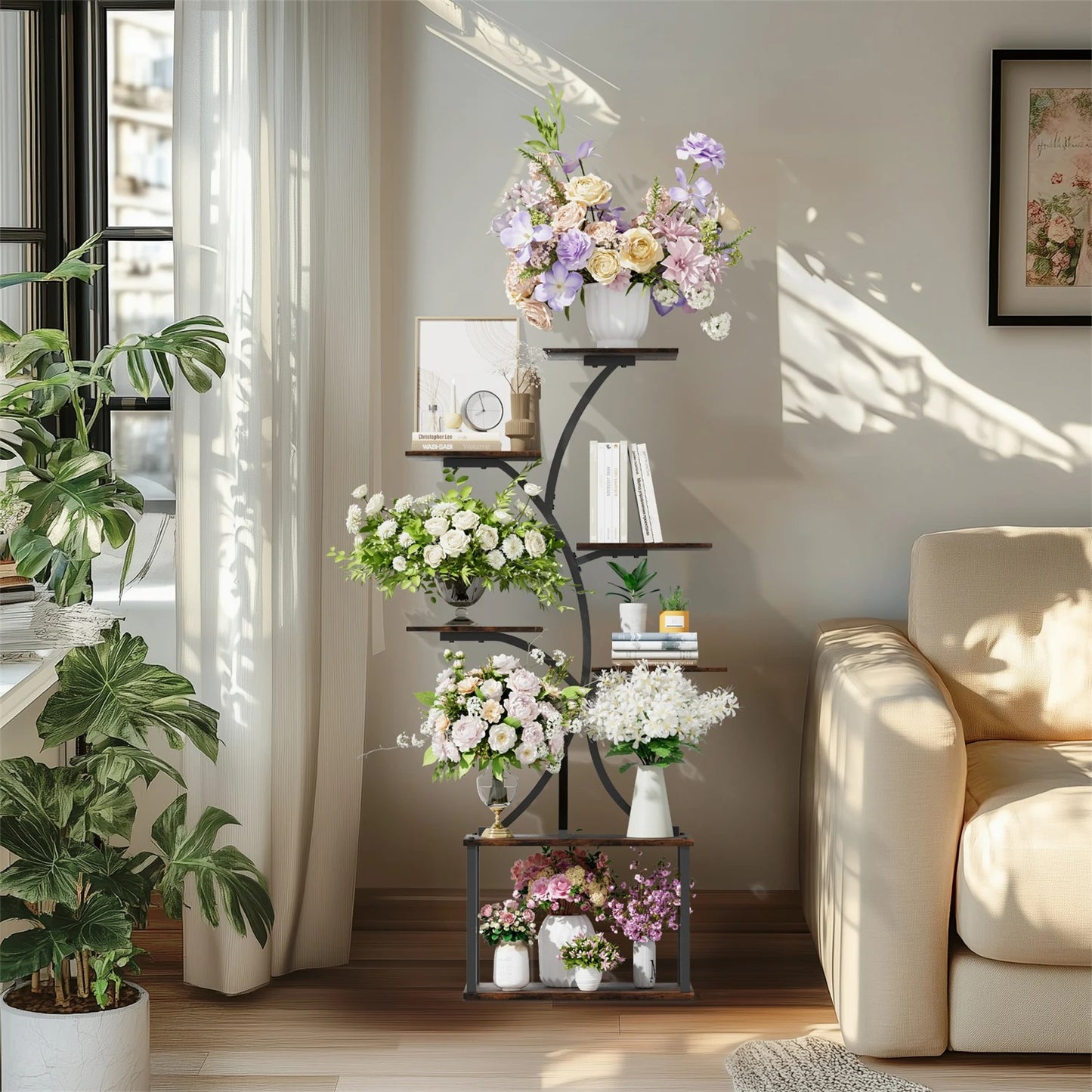 7 Tier Tree Shaped Plant Stand for Patio Living Room Metal Plant Flower Pot Display Holder with Lights