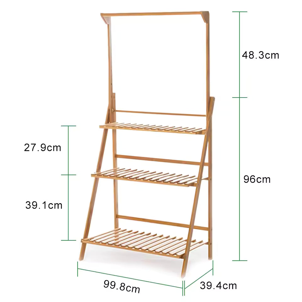 3-tier bamboo plant stand with top hanging rod and dimension measurements.
