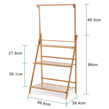 3-tier bamboo plant stand with top hanging rod and dimension measurements.