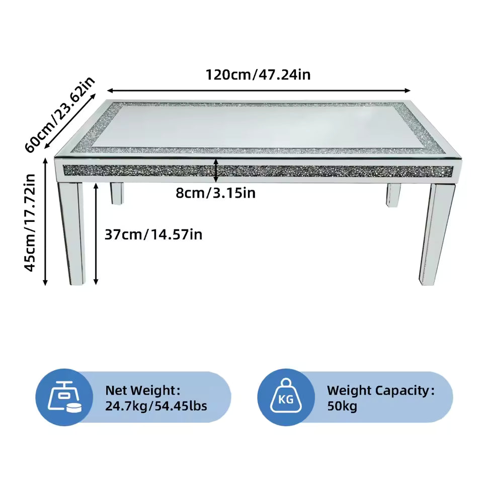 Rectangular mirrored coffee table with crushed crystal inlay and product dimensions labeled.