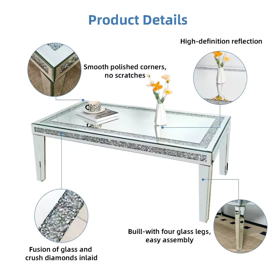 Rectangular mirrored coffee table with crushed diamond inlay, showcasing product features in detail callouts.