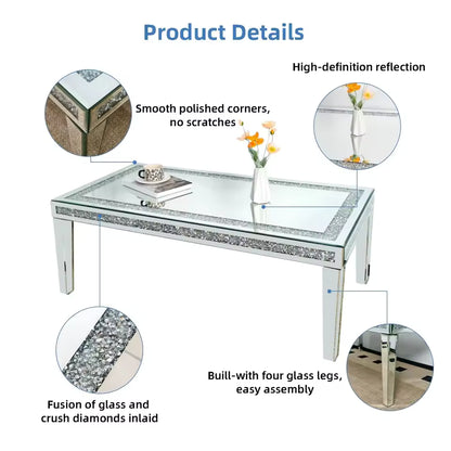 Rectangular mirrored coffee table with crushed diamond inlay, showcasing product features in detail callouts.