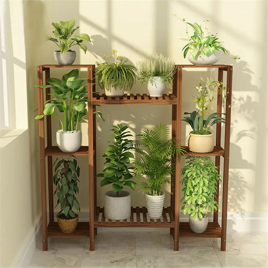 10 Pot Stylish Bamboo Plant Stand for In/Outdoor, Bonsai Flower Display, Shelf Holder Rack