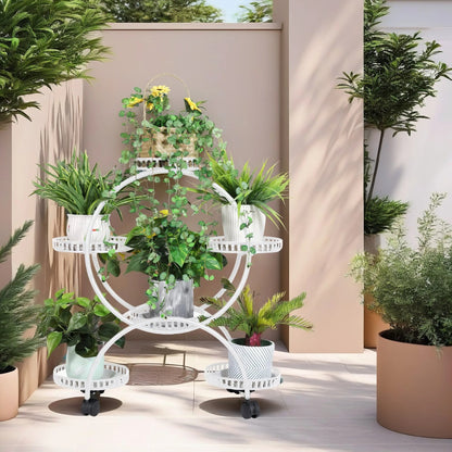 4-Layer Metal Rolling Plant Stand – 6-Pot Flower Holder with Wheels for Balcony, Patio, or Indoor Spaces