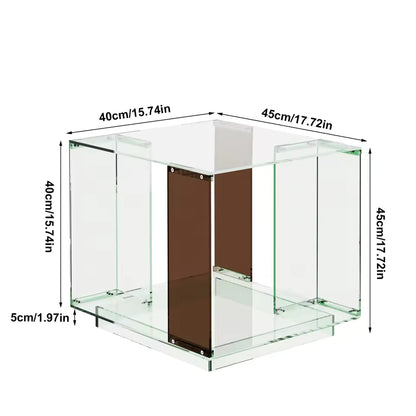 2-tier clear acrylic end table with green-tinted edges and brown side panels with dimension markings.