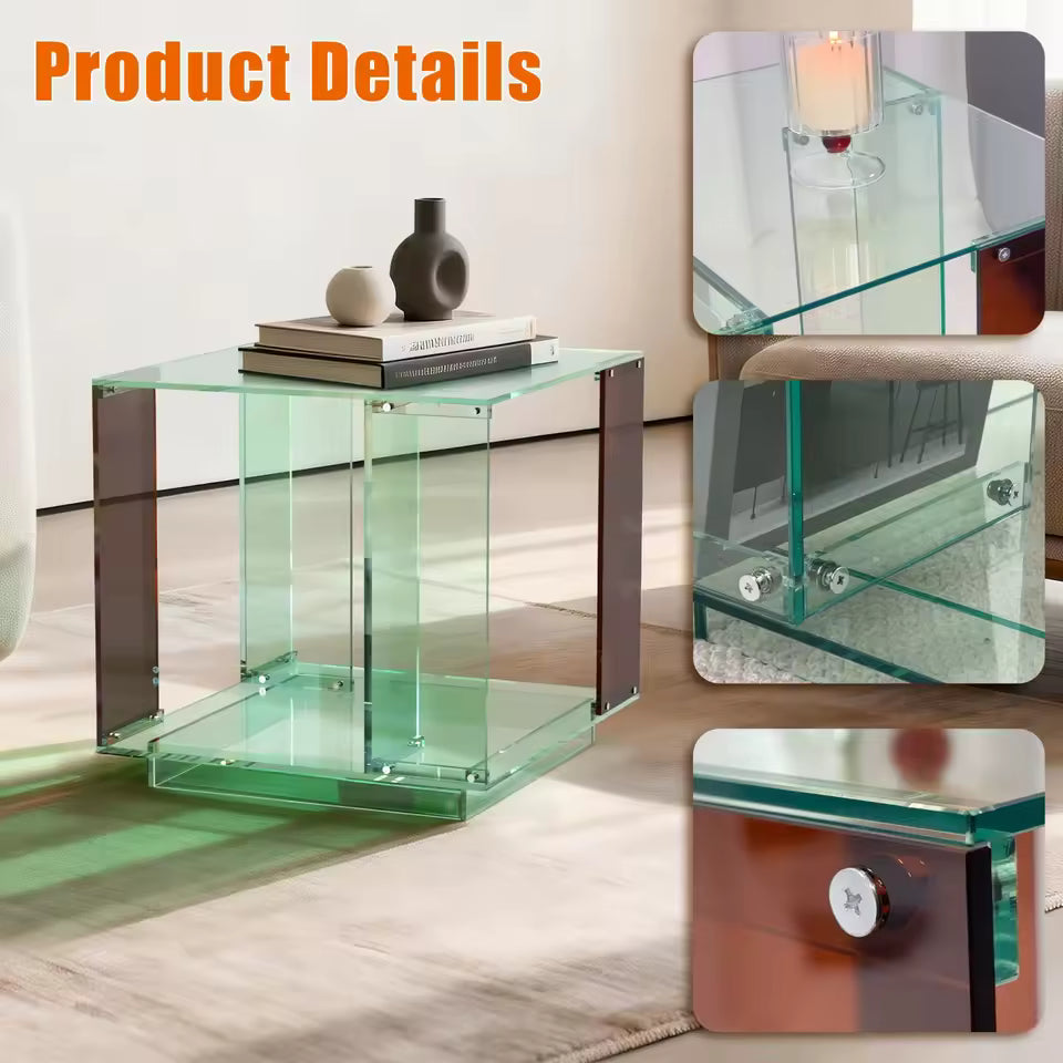 Green-tinted acrylic two-tier end table with open shelf and dark legs, shown with close-up details.