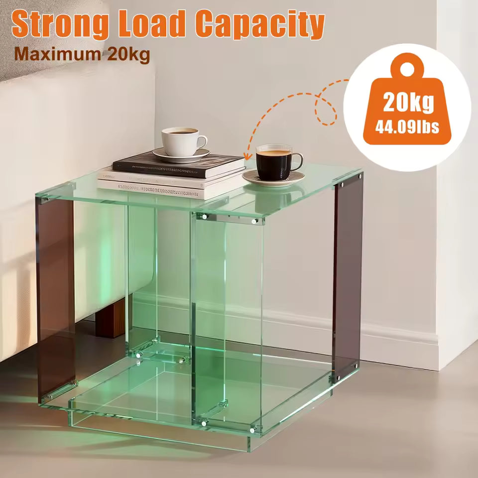 Green-tinted acrylic two-tier end table holding books and coffee cups, highlighting 20kg capacity.