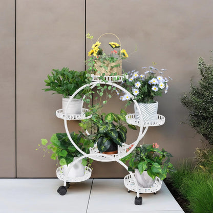 4-Layer Metal Rolling Plant Stand – 6-Pot Flower Holder with Wheels for Balcony, Patio, or Indoor Spaces