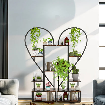 6-Tier Half-Heart Metal Ladder Plant Stand – Decorative Black & Brown Shelf Rack for Multiple Indoor Plants