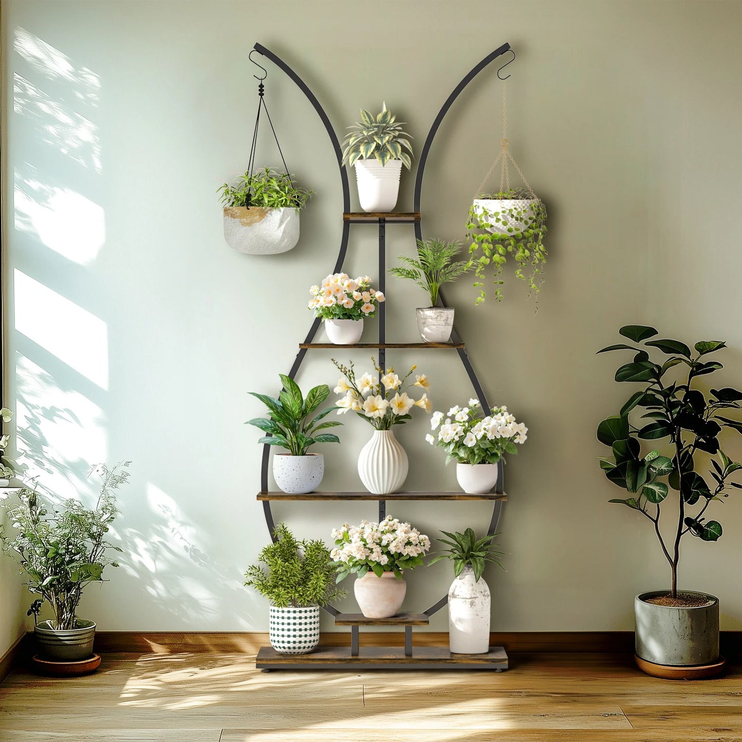 5-Tier Vase-Shaped Metal Plant Stand – Tall Garden Display Rack with Hangers