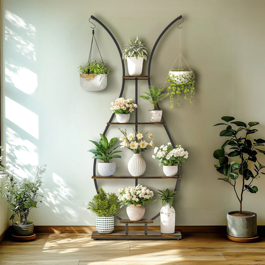 5-Tier Vase-Shaped Metal Plant Stand – Tall Garden Display Rack with Hangers
