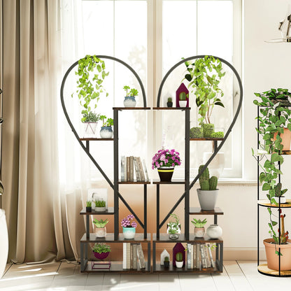 6-Tier Half-Heart Metal Ladder Plant Stand – Decorative Black & Brown Shelf Rack for Multiple Indoor Plants