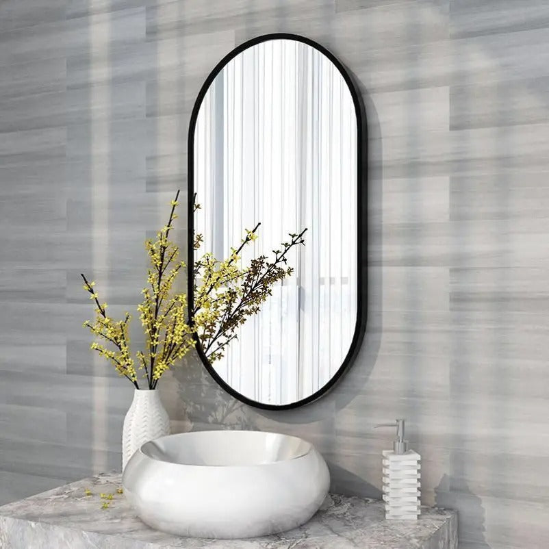 Modern Black Metal Framed Dressing Mirror Oval Bathroom Vanity Mirror for Wall