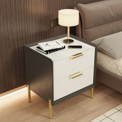 Fully Assembled Modern Nightstand with 2 Drawers Bedroom Nightstand in Sintered Stone Top