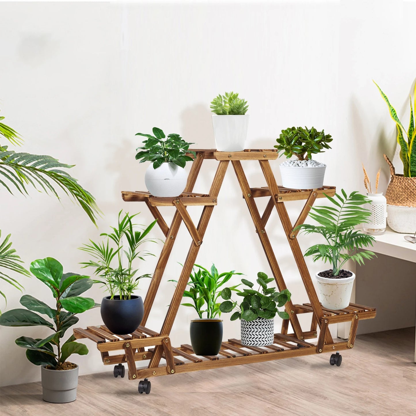 6 Tiered Carbonised Triangle Corner Plant Rack Wooden Plant Stand, Flower Pots Holder - Elevate Garden Space
