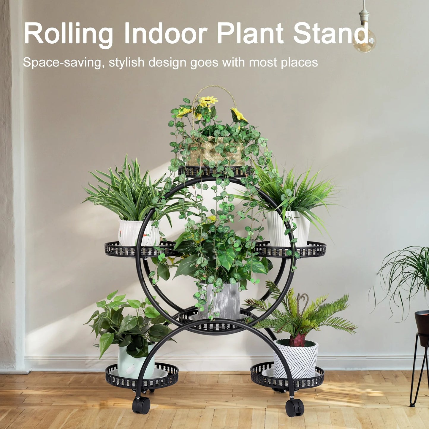 4-Layer Metal Rolling Plant Stand – 6-Pot Flower Holder with Wheels for Balcony, Patio, or Indoor Spaces