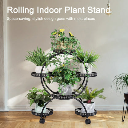 4-Layer Metal Rolling Plant Stand – 6-Pot Flower Holder with Wheels for Balcony, Patio, or Indoor Spaces
