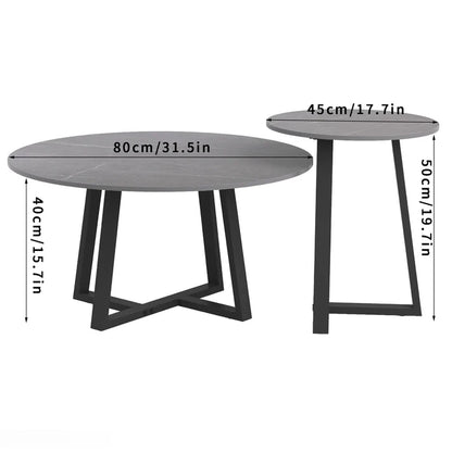 2PCS Round Sintered Stone Accent Coffee Tables, Grey Texture