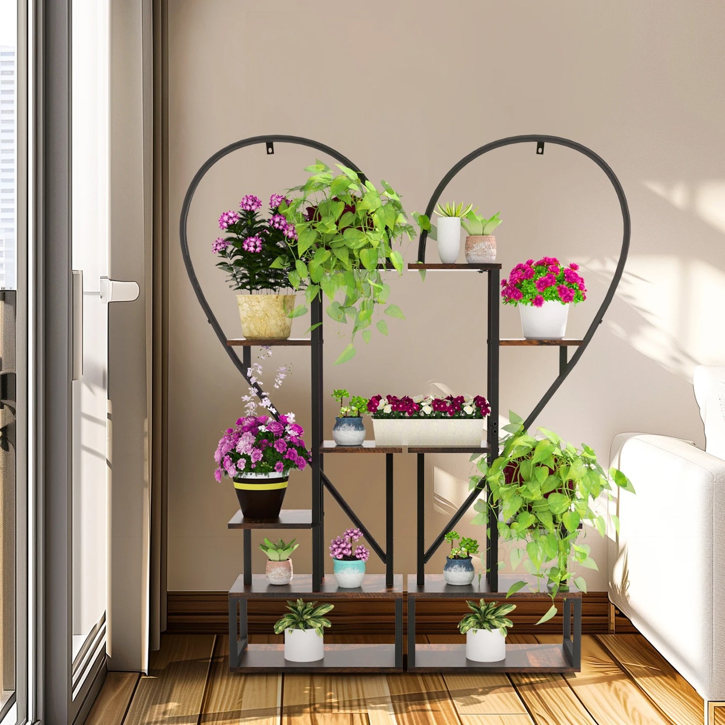6-Tier Half-Heart Metal Ladder Plant Stand – Decorative Black & Brown Shelf Rack for Multiple Indoor Plants