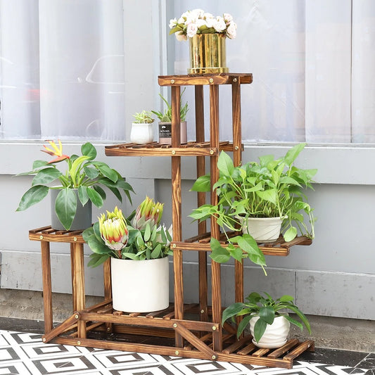 6 Tiered Wooden Plant Flower Stand, Planter Display Indoor Outdoor Flower Rack for Yard