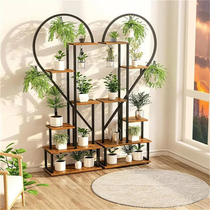 6-Tier Half-Heart Metal Ladder Plant Stand – Decorative Black & Brown Shelf Rack for Multiple Indoor Plants