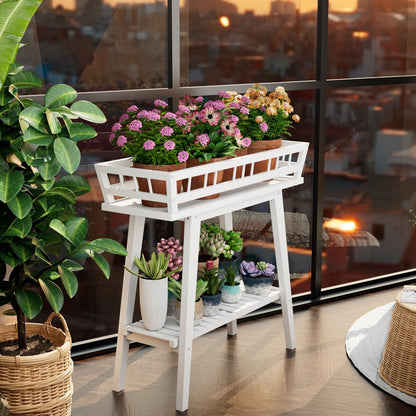 2 Tier Bamboo Plant Stand, White Modern Minimalist Garden Plant Shelf