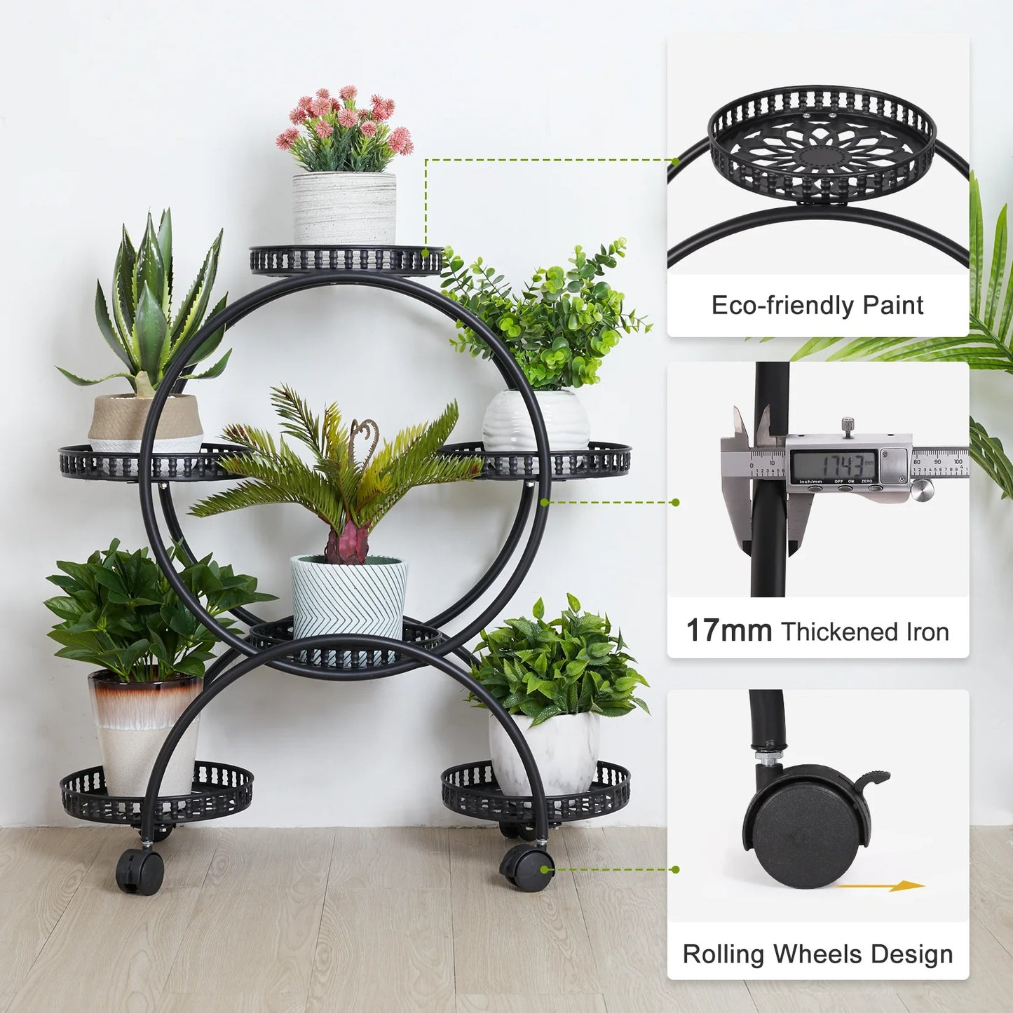 4-Layer Metal Rolling Plant Stand – 6-Pot Flower Holder with Wheels for Balcony, Patio, or Indoor Spaces