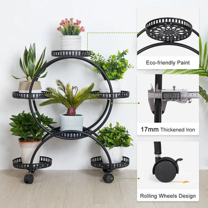4-Layer Metal Rolling Plant Stand – 6-Pot Flower Holder with Wheels for Balcony, Patio, or Indoor Spaces