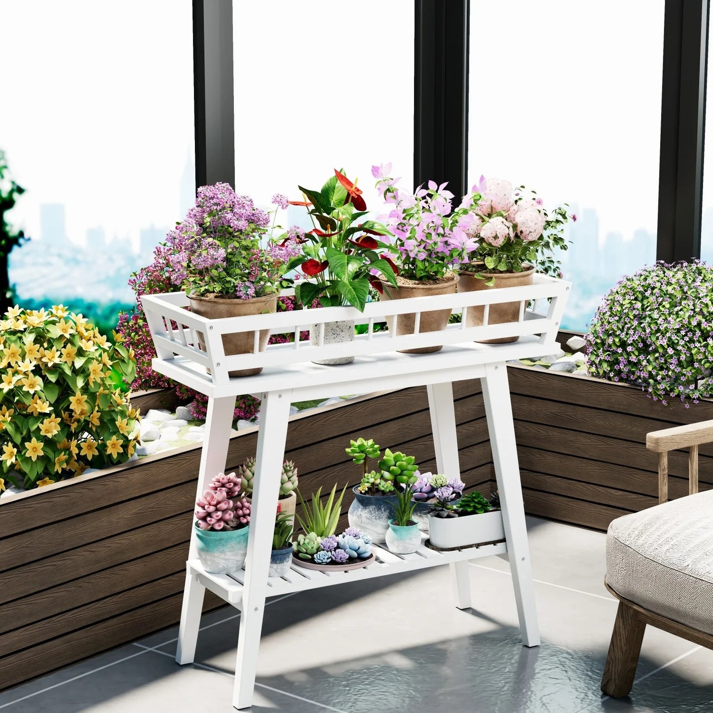2 Tier Bamboo Plant Stand, White Modern Minimalist Garden Plant Shelf