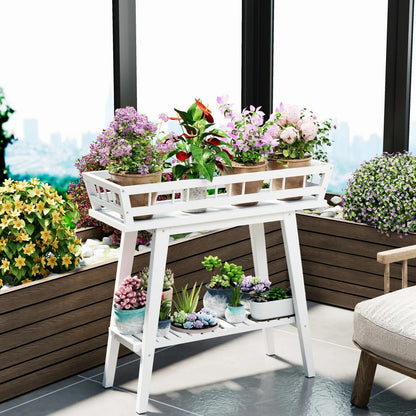 2 Tier Bamboo Plant Stand, White Modern Minimalist Garden Plant Shelf
