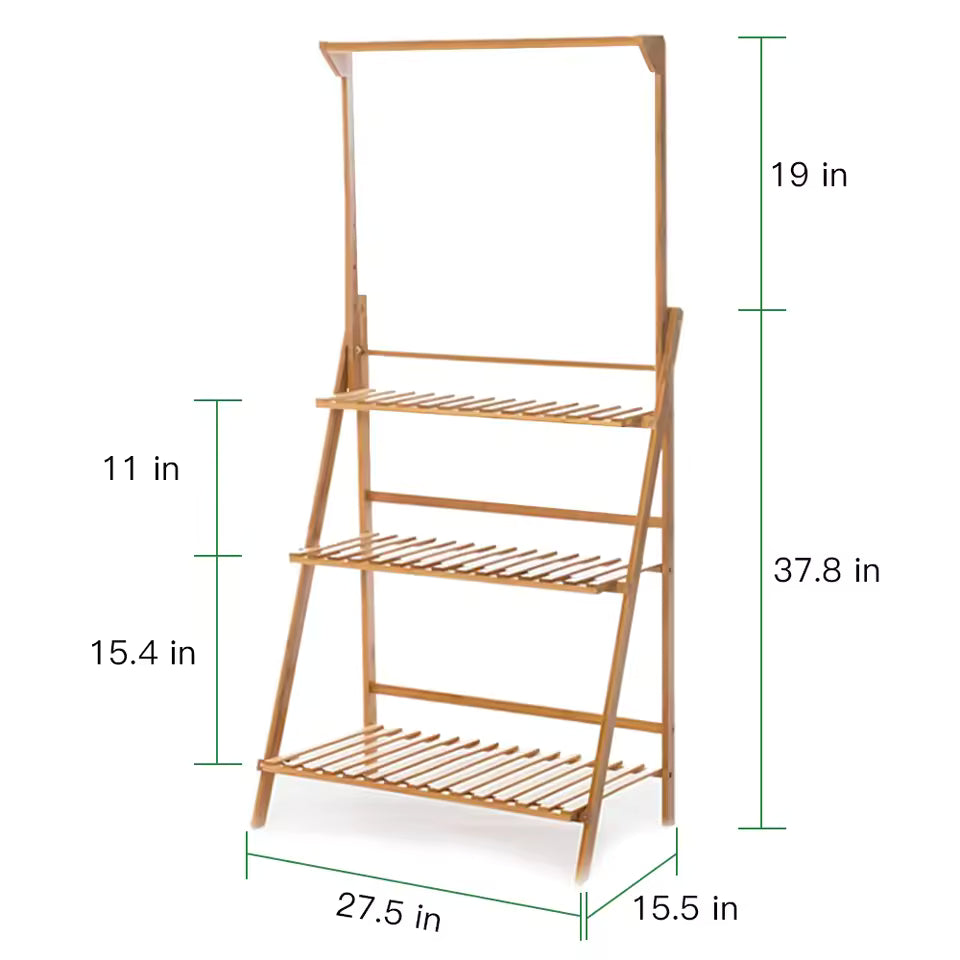 3-tier folding bamboo plant stand with top hanging bar and dimension labels.