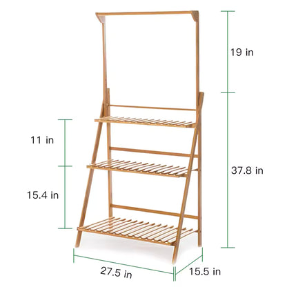 3-tier folding bamboo plant stand with top hanging bar and dimension labels.
