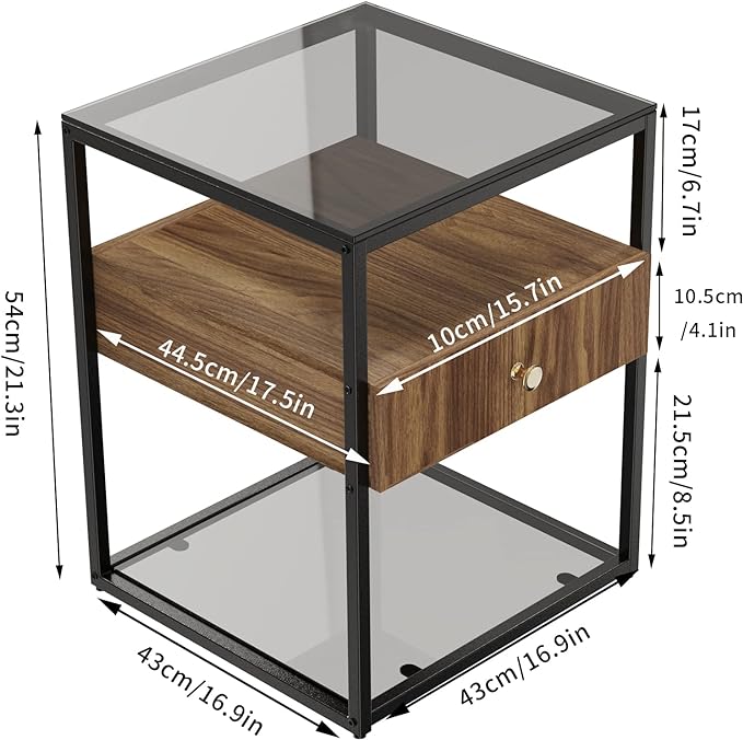 Bedside Table with Drawer: Tempered Glass Sofa Side Table Modern Nightstand with Wood Storage Shelf and Metal Black Frame Small Coffee Table