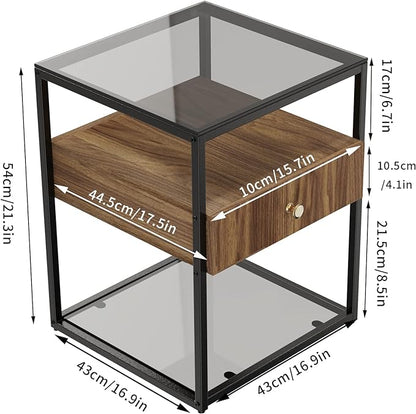 Bedside Table with Drawer: Tempered Glass Sofa Side Table Modern Nightstand with Wood Storage Shelf and Metal Black Frame Small Coffee Table